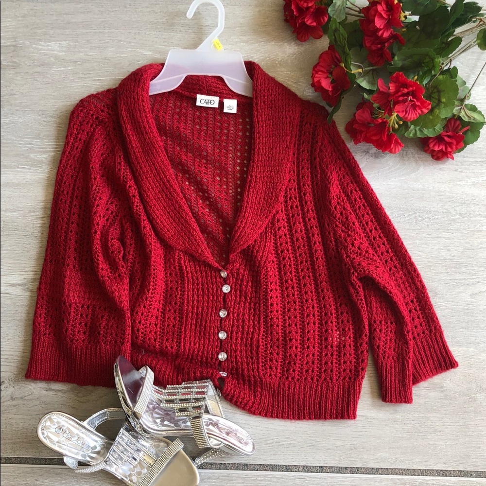Red short waisted dressy sweater